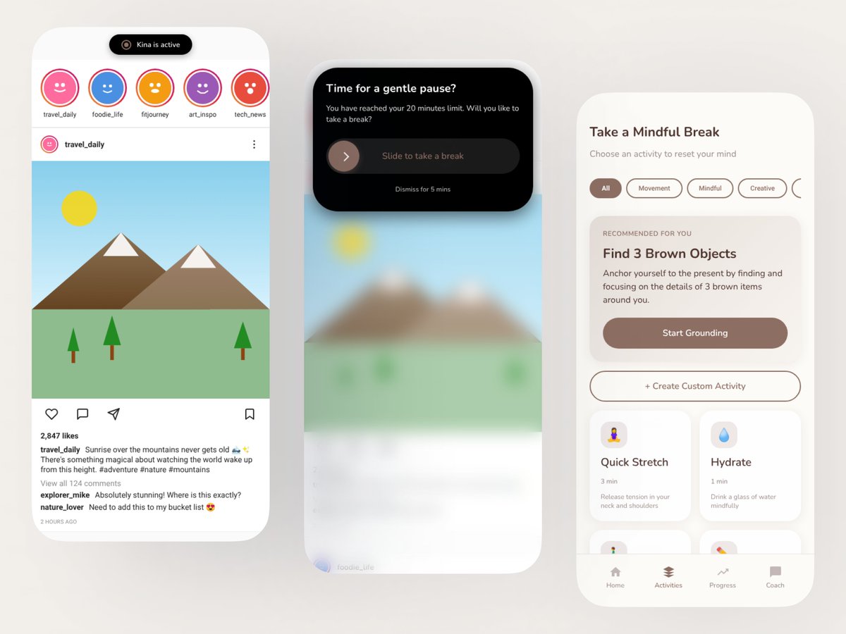 Akin_of_zion's tweet photo. My @Daviowhite x @moonchildai input!
Kina stops doomscrolling with a progressive flow:
- Dynamic Notification π
- Dialog Overlay βΈοΈ
- Grounding Exercise π§
Awareness β Decision β Action.
#MoonchildAI #UIdesign #Uxdesign #Daviowhite https://t.co/EWLLV8olNr