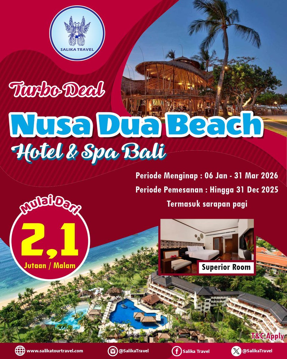 Menginap di Nusa Dua Beach Hotel &amp; Spa Bali yang terletak di Kawasan Pariwisata Nusa Dua

Info selengkapnya klik
bit.ly/NusaDuaBeachHo…

atau bisa menghubungi wa.me/6281803863912

T&amp;C Apply
#SalikaTravel
#HotelOffer
#HotelPromo
#HotelBali
#DiIndonesiaAja