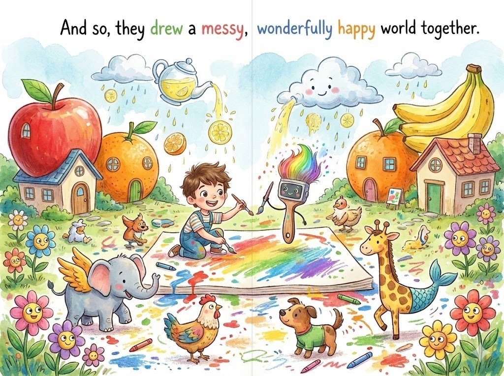 子供向けの本の見開きページのイラスト。
両ページを埋め尽くす、広大で活気に満ちた混沌とした風景。ティムとソラが中心に立ち、一緒に絵を描いています。世界は面白い「間違い」で溢れています。巨大な果物でできた家、ティーポットのような形からレモネ