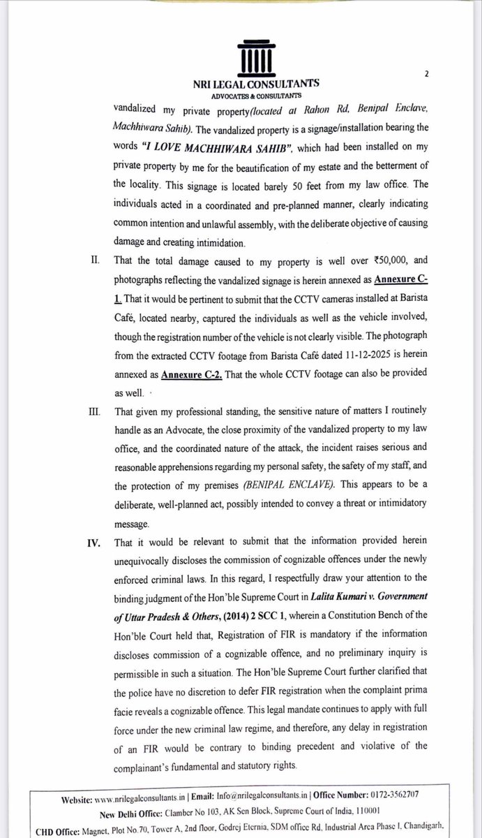Js_pinder's tweet image. Day 3! Still no action on my complaint.  Khanna police for immediate registration of  FIR against unknown and located the accused persons for attacked and vandalised of an advocate’s private property. @KhannaPolice @DGPPunjabPolice incident took place around 2.45am | 11-12-25