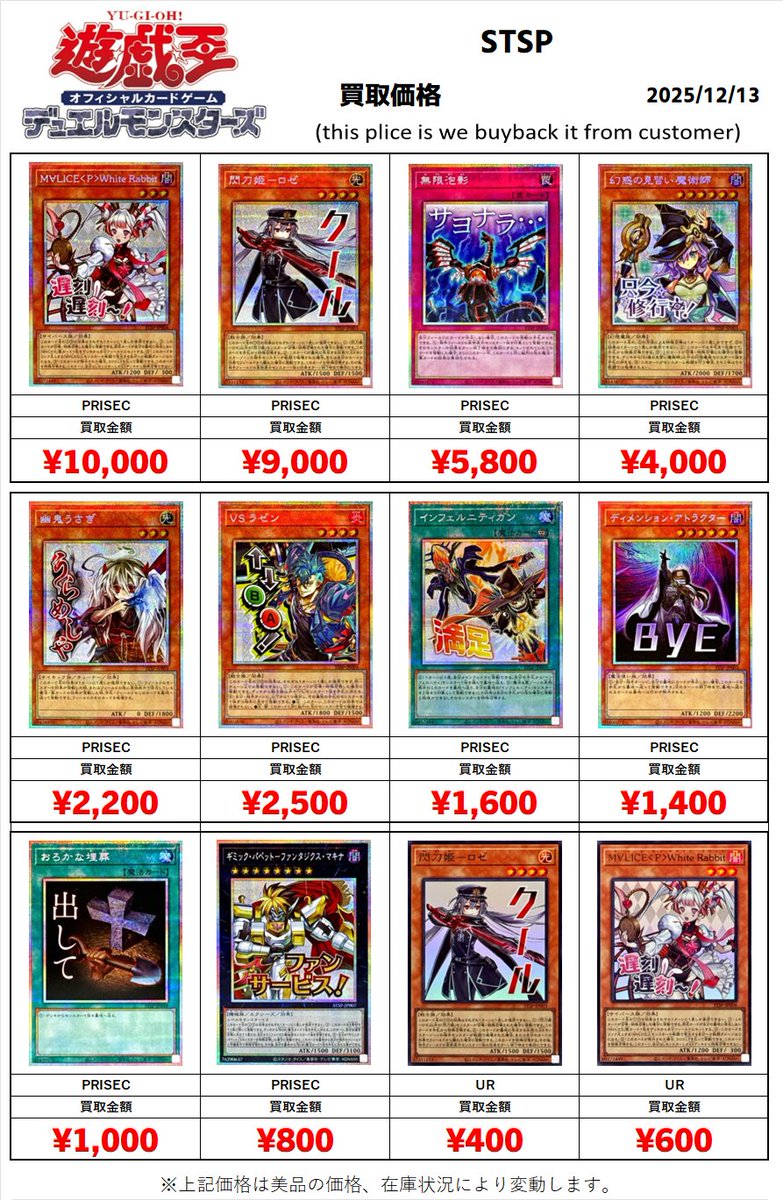 遊戯王買取情報 スタンプエディション スペシャルパック買取表更新です