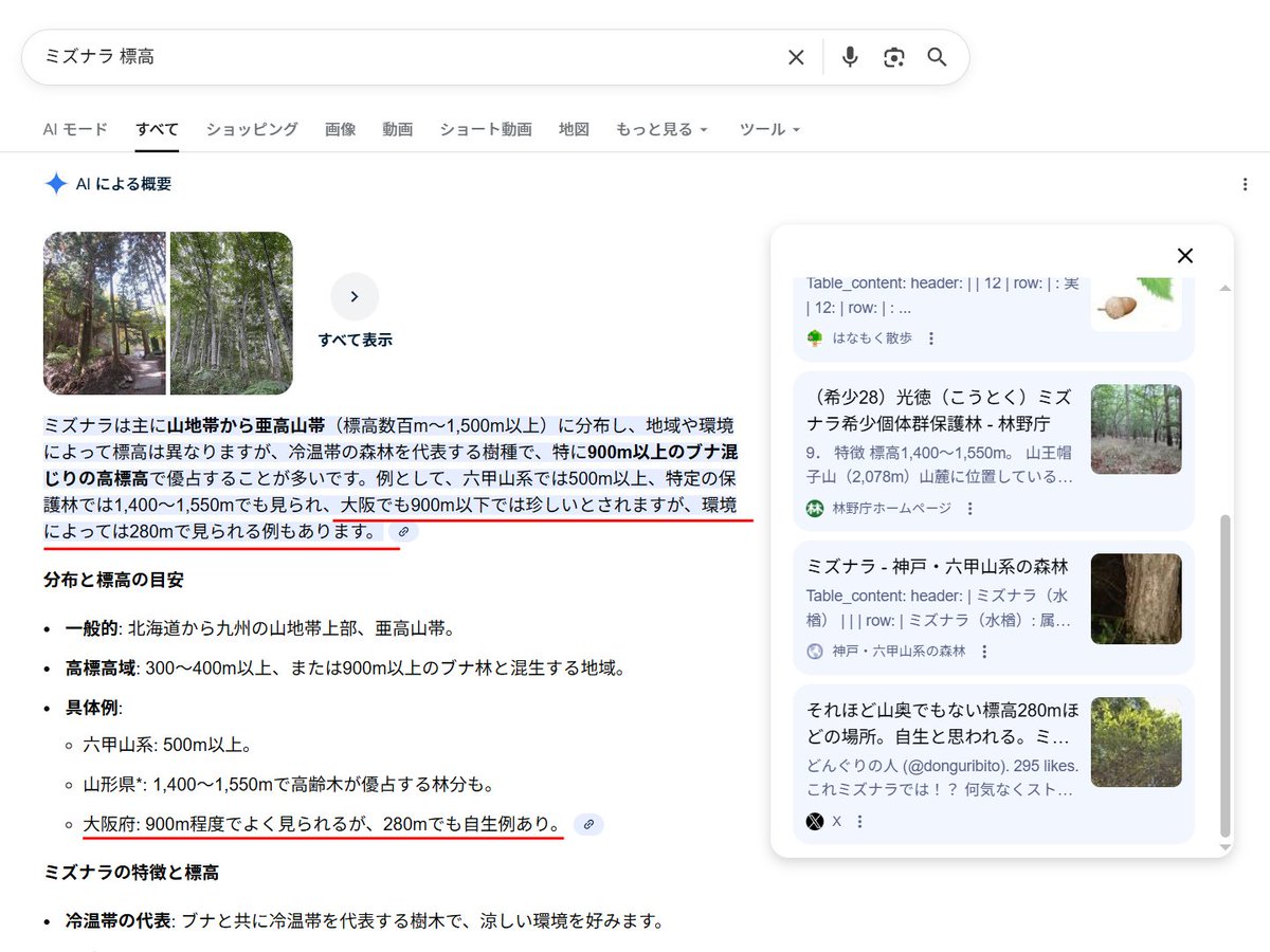 ミズナラについて調べたら、どうやらこのポストの情報が拾われてる