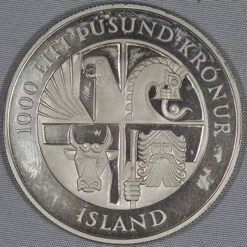 アイスランド 定住1100年記念 1000クローナ銀貨 Pr 1974年 アイス