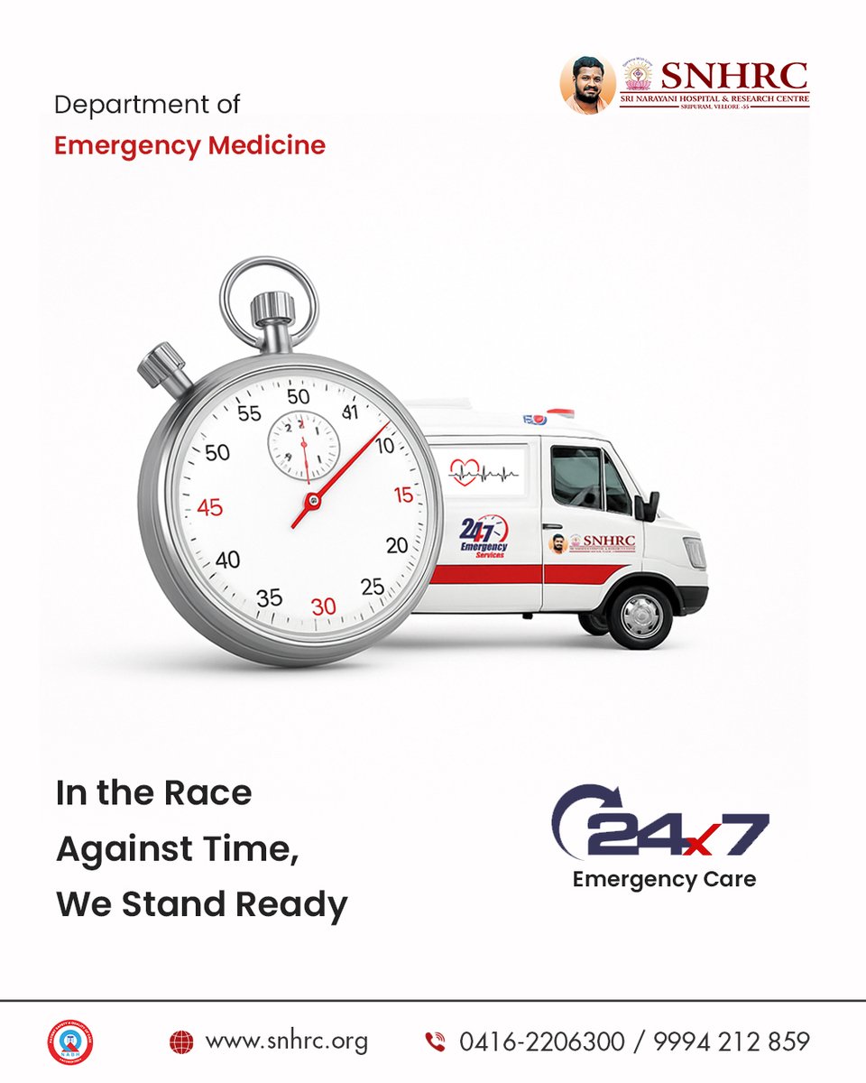 snhrc_vellore's tweet image. In the race against time, every second counts. 🚑⏱️At SNHRC – Department of Emergency Medicine, our expert team and ambulances are ready 24×7 to save lives.📍 SNHRC, Sripuram, Vellor📞 0416-2206300 | 9994 212 859 🌐 snhrc.org
#SNHRC #EmergencyCare #24x7Services