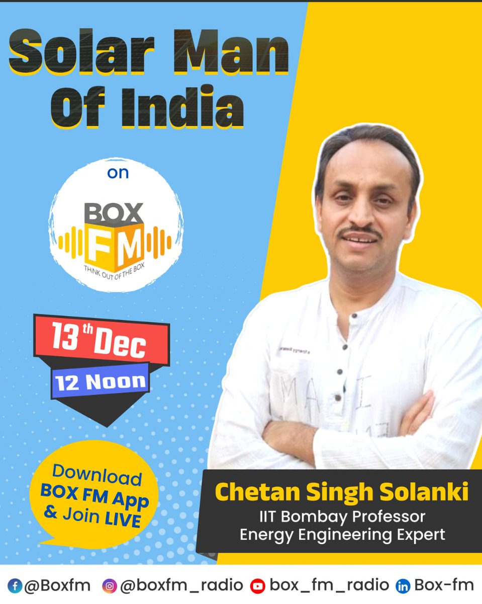 DrChetanSolanki's tweet image. Join me for a special recording with @boxfm_radio  

I, Prof. Chetan Singh Solanki, Ex- @iitbombay  faculty will #Share  how each of us can be part of the change.

#solar #solarmanofindia #TradingView #ClimateAction #iit