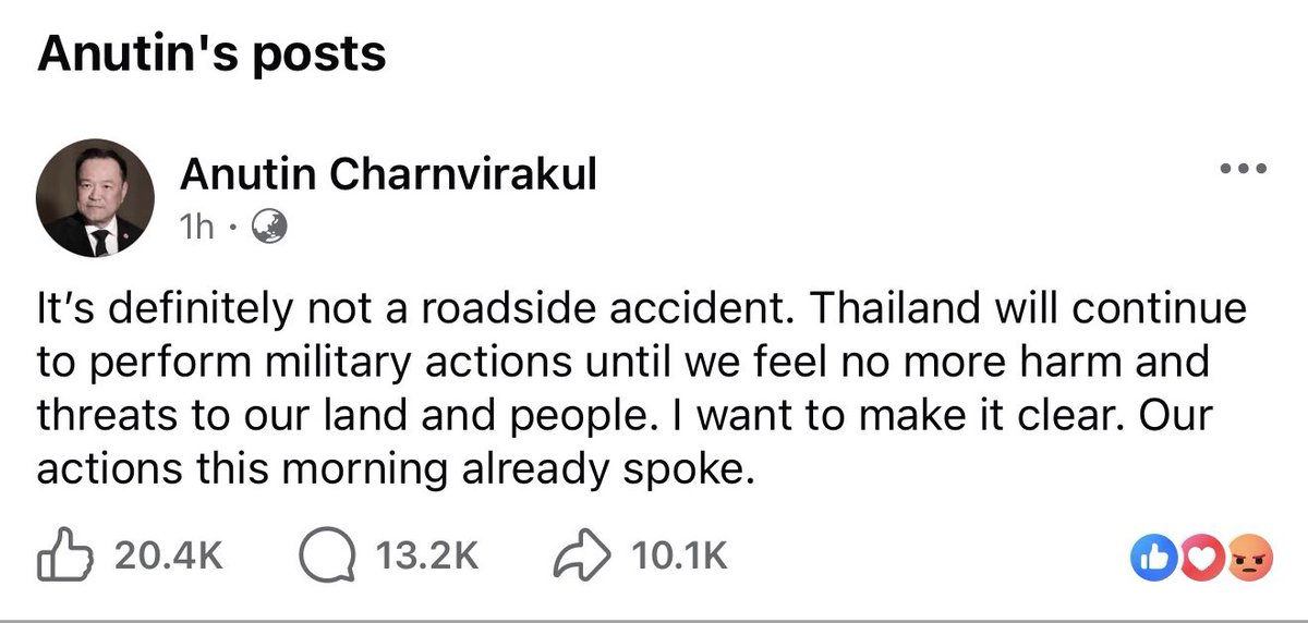 jacobincambodia's tweet photo. Anutin’s latest post is defiant and reckless. It projects certainty and force at a moment that demands restraint. Publicly framing military escalation as resolved and justified inflames tensions rather than containing them.

The comment section is worse. Thousands of replies filled with dehumanization, nationalist rage, mockery of national leaders, and open calls for violence. Hate compounds quickly when it is validated from the top.

When leaders speak this way, the result is deeper division, greater risk to civilians, and a narrowing path away from further escalation.