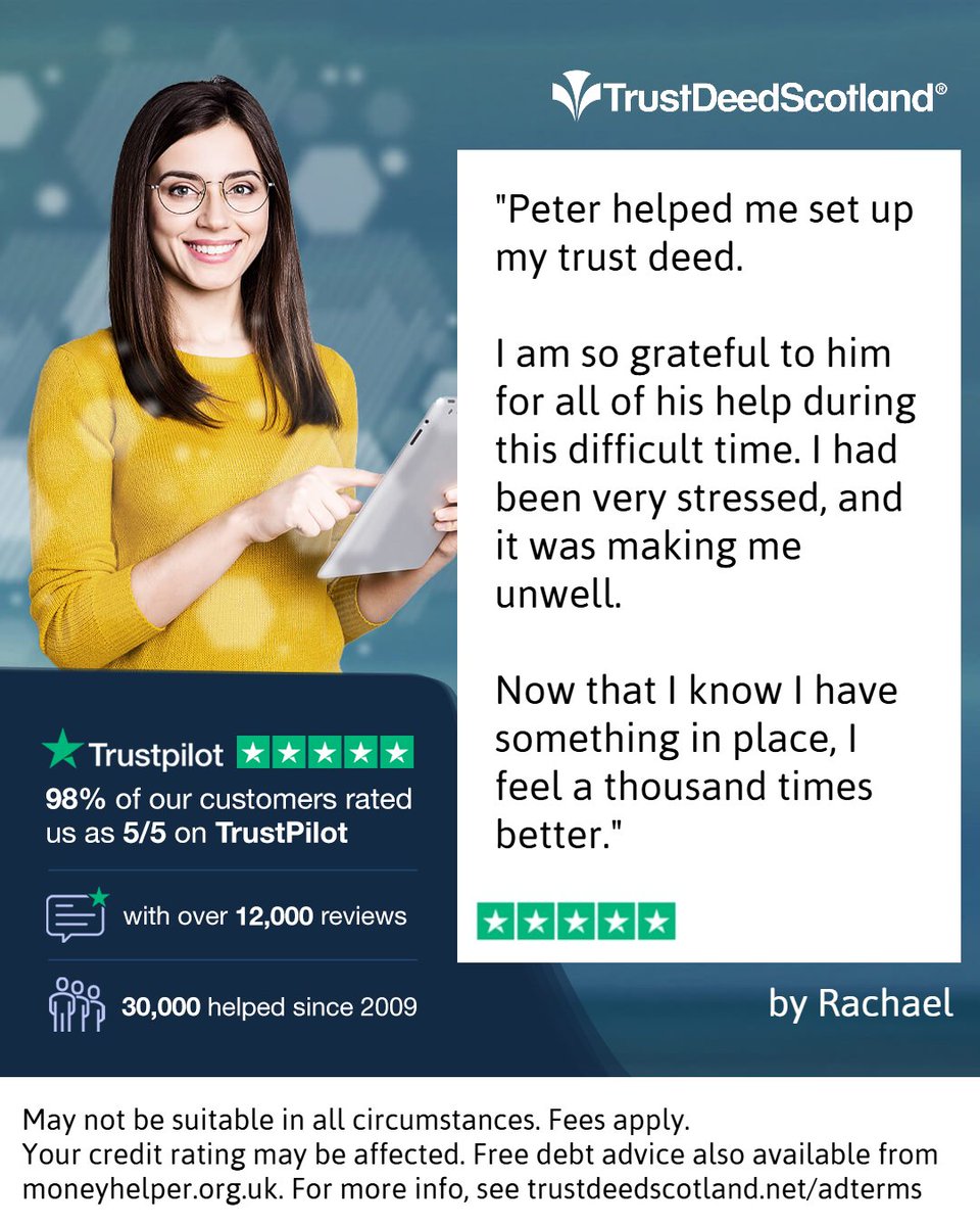 TrustDeedScotl's tweet photo. 🆕 Trust Deed Scotland® @Trustpilot review.
★★★★★ by Rachael.

Read more reviews:
➡️ https://t.co/0KAr59mvJ5

What will 𝘆𝗼𝘂𝗿 Debt Help Story be?

Get started:
➡️ https://t.co/qHLKkMXFmH

📞 0141 221 0999

#peterfromtrustdeedscotland #scottishdebthelp https://t.co/IckjnSePSV