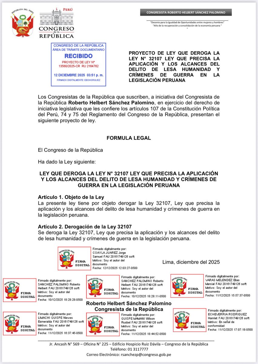 He presentado el Proyecto de Ley que propone derogar la Ley 32107, y que Precisa la Aplicación y los Alcances del Delito de Lesa Humanidad y Crímenes de Guerra en la Legislación Peruana, con la finalidad que los responsables de estos graves delitos sean sancionados como