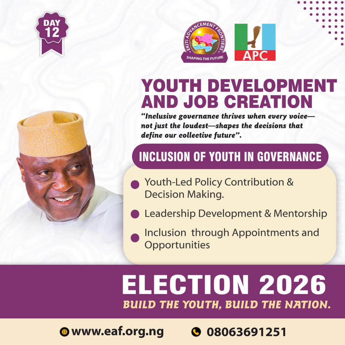 DAY 12

*YOUTH DEVELOPMENT AND JOB CREATION.*

*A Government That Listens, Includes, and Empowers Ekiti Youths.*

*Powered by: EKITI ADVANCEMENT FRONTIER*
facebook.com/share/p/1H3Nmw…