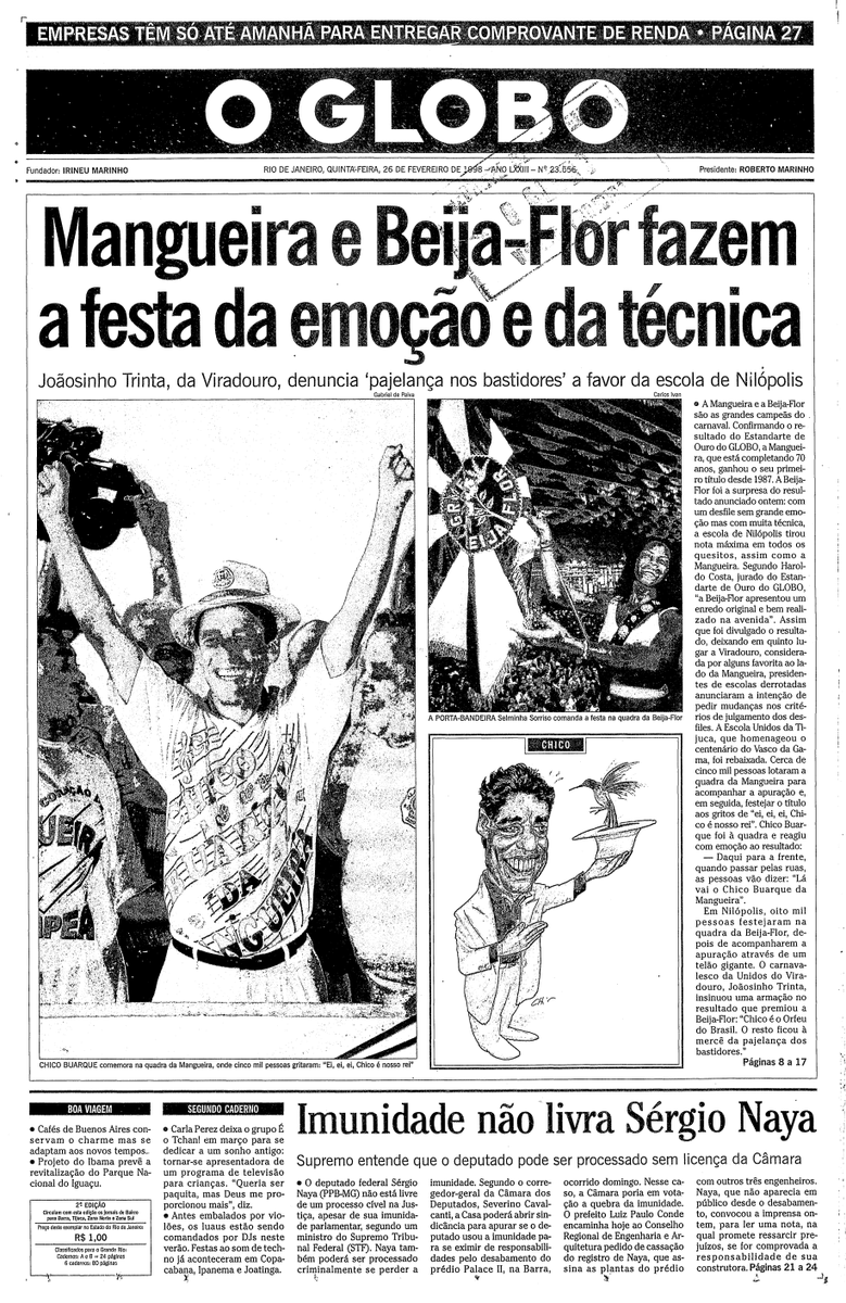 AcervoVerdeRosa's tweet photo. 1998:

"Mangueira e Beija-Flor fazem a festa da emoção e da técnica" https://t.co/dLH3xea0LT