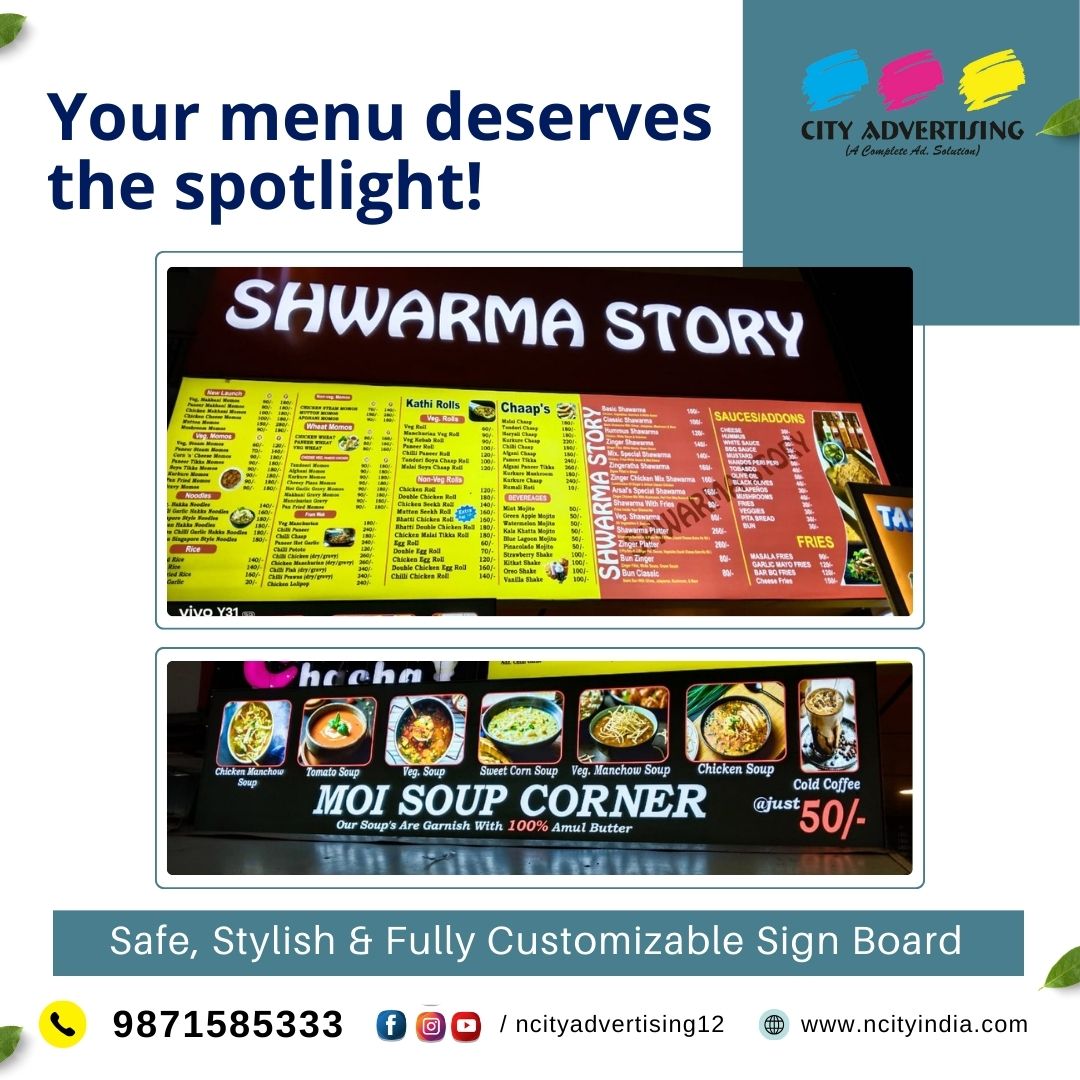Your menu deserves the spotlight ✨
Upgrade your restaurant with LED Menu Boards that are bright, stylish, and fully customizable.

📞 Contact: 9871585333

#CityAdvertising #LEDMenuBoard #menuboard #FoodBusiness #Restaurant #Cafe #Ghaziabad #Business #AdSolutions #foodcourt