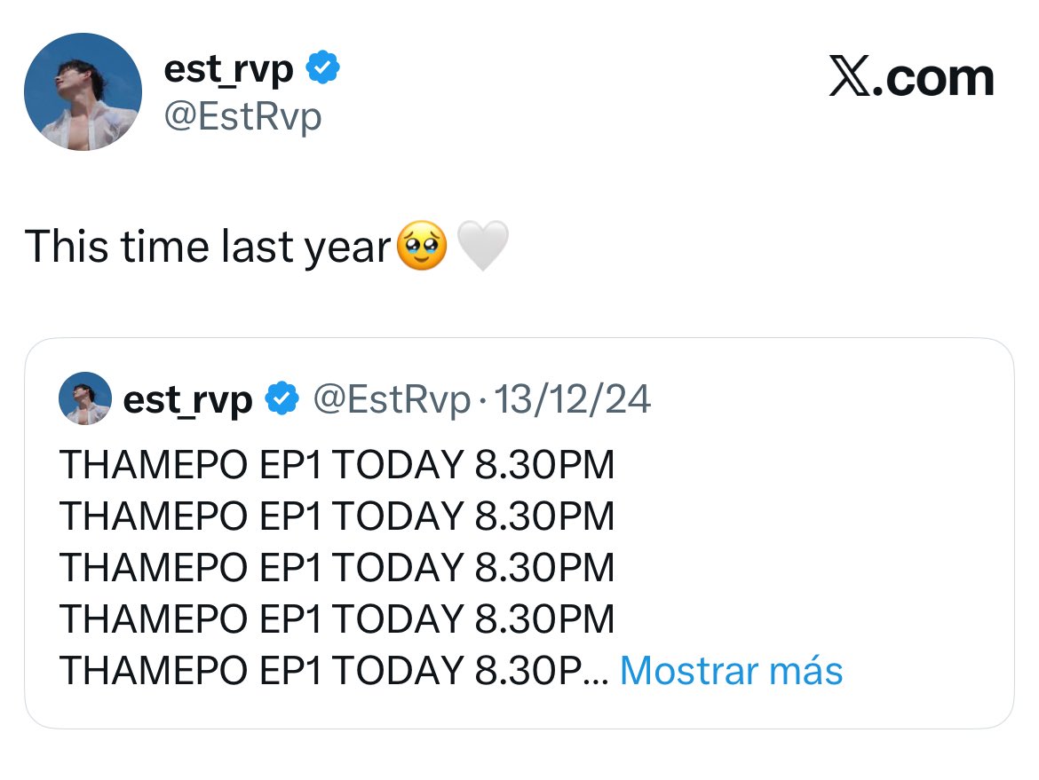 EST 😭😭😭😭 IM CRYING, ONE YEAR OF HIM STARS WITH HIS ICONIC THAMEPO EP EVERY FRIDAY 😭😭😭

🦈: This time last year🥹🤍

happy one year of our beloved thamepo 😭
#WilliamEst