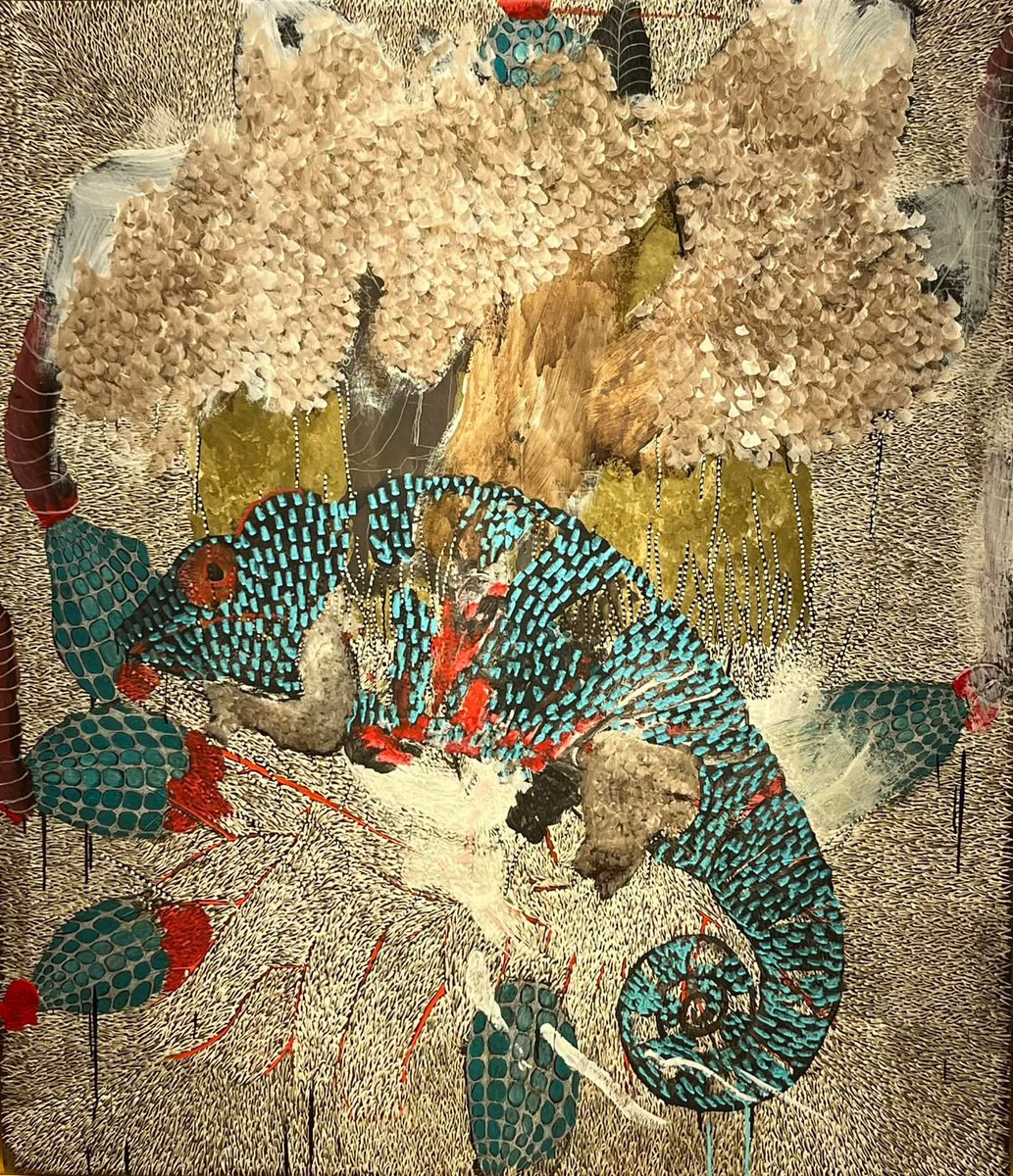 Pure merveille :  Kaïdara, un conte initiatique peul collecté et transcrit par Amadou Hampâté Bâ, interprété par le peintre sénégalais Omar Ba 
(Photo expo 2024 <a href="/GalerieTemplon/">Galerie Templon</a>) 
À (re)lire  le bel article d’<a href="/HerviauxOlivier/">Olivier Herviaux 🌍</a> 👉lemonde.fr/afrique/articl…