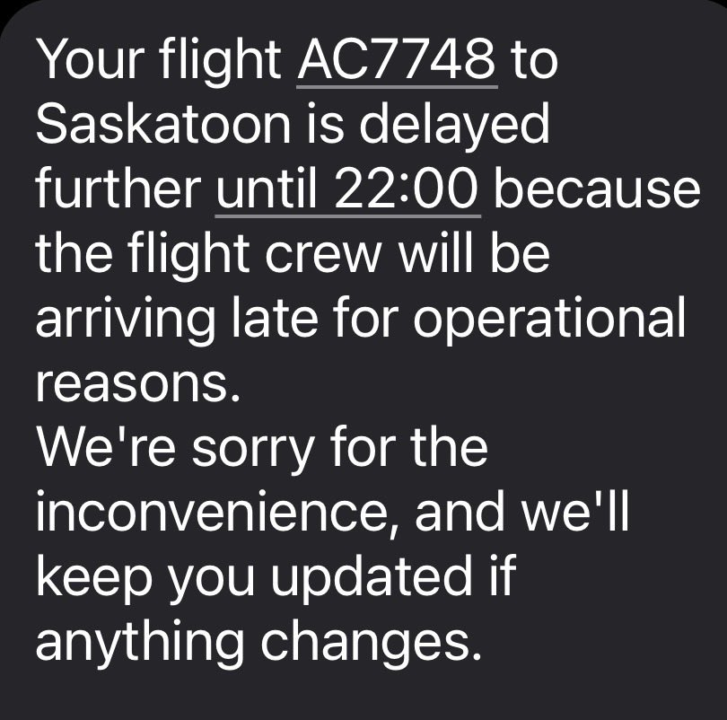 iammrizvi's tweet photo. @AirCanada can we expect a better service, unnecessarily change of aircraft first and then delaying flight just because you can’t maintain schedule of your own crew. And you think it is just ok. https://t.co/3oO6tJfkuz