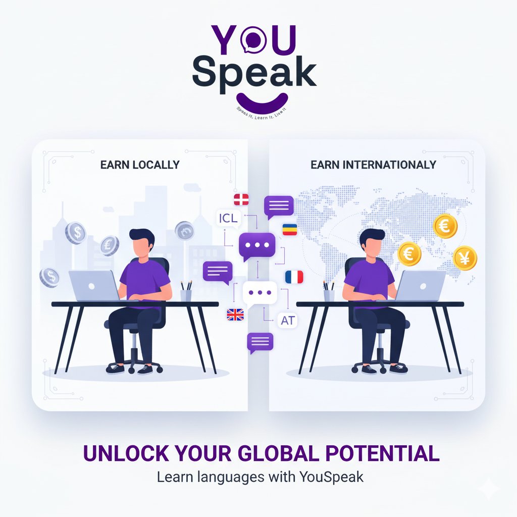 YouSpeakHQ's tweet photo. Same skill. Same laptop. Different language… DOUBLE the pay. 💼🌍  
What language would unlock your next global client?

#YouSpeak #GlobalOpportunities #LanguageLearning #FreelancerLife 
#UpgradeYourSkills #RemoteWork #EarnMore https://t.co/xWO9lxz6BW