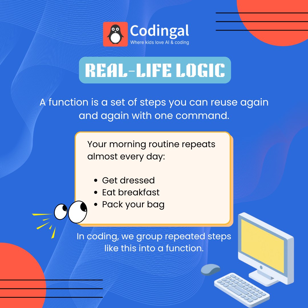 codingal's tweet image. Your child already uses functions every morning. 🧥🥣🎒
Get dressed → eat breakfast → pack the bag… repeat!
In Computer Science Week Lesson #5, we show how coders bundle repeated steps into one reusable function—so one command can do a lot. 💻✨

👉 Join Codingal’s FREE Hour…