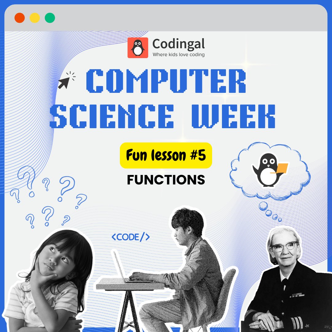 codingal's tweet image. Your child already uses functions every morning. 🧥🥣🎒
Get dressed → eat breakfast → pack the bag… repeat!
In Computer Science Week Lesson #5, we show how coders bundle repeated steps into one reusable function—so one command can do a lot. 💻✨

👉 Join Codingal’s FREE Hour…