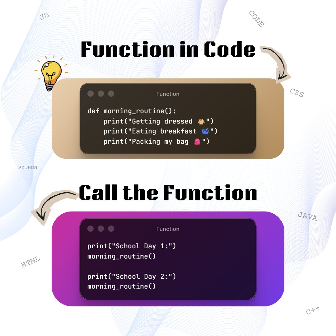 codingal's tweet image. Your child already uses functions every morning. 🧥🥣🎒
Get dressed → eat breakfast → pack the bag… repeat!
In Computer Science Week Lesson #5, we show how coders bundle repeated steps into one reusable function—so one command can do a lot. 💻✨

👉 Join Codingal’s FREE Hour…
