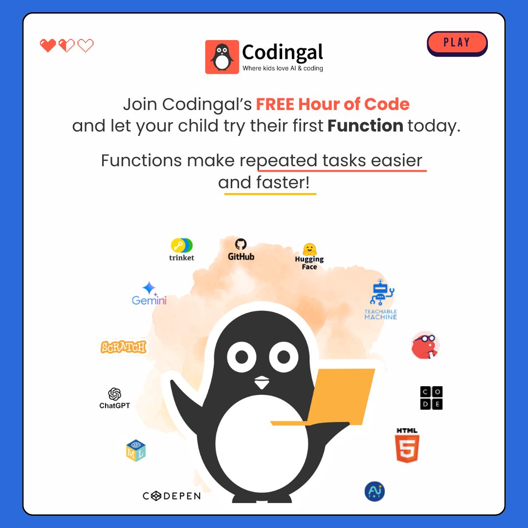 codingal's tweet image. Your child already uses functions every morning. 🧥🥣🎒
Get dressed → eat breakfast → pack the bag… repeat!
In Computer Science Week Lesson #5, we show how coders bundle repeated steps into one reusable function—so one command can do a lot. 💻✨

👉 Join Codingal’s FREE Hour…