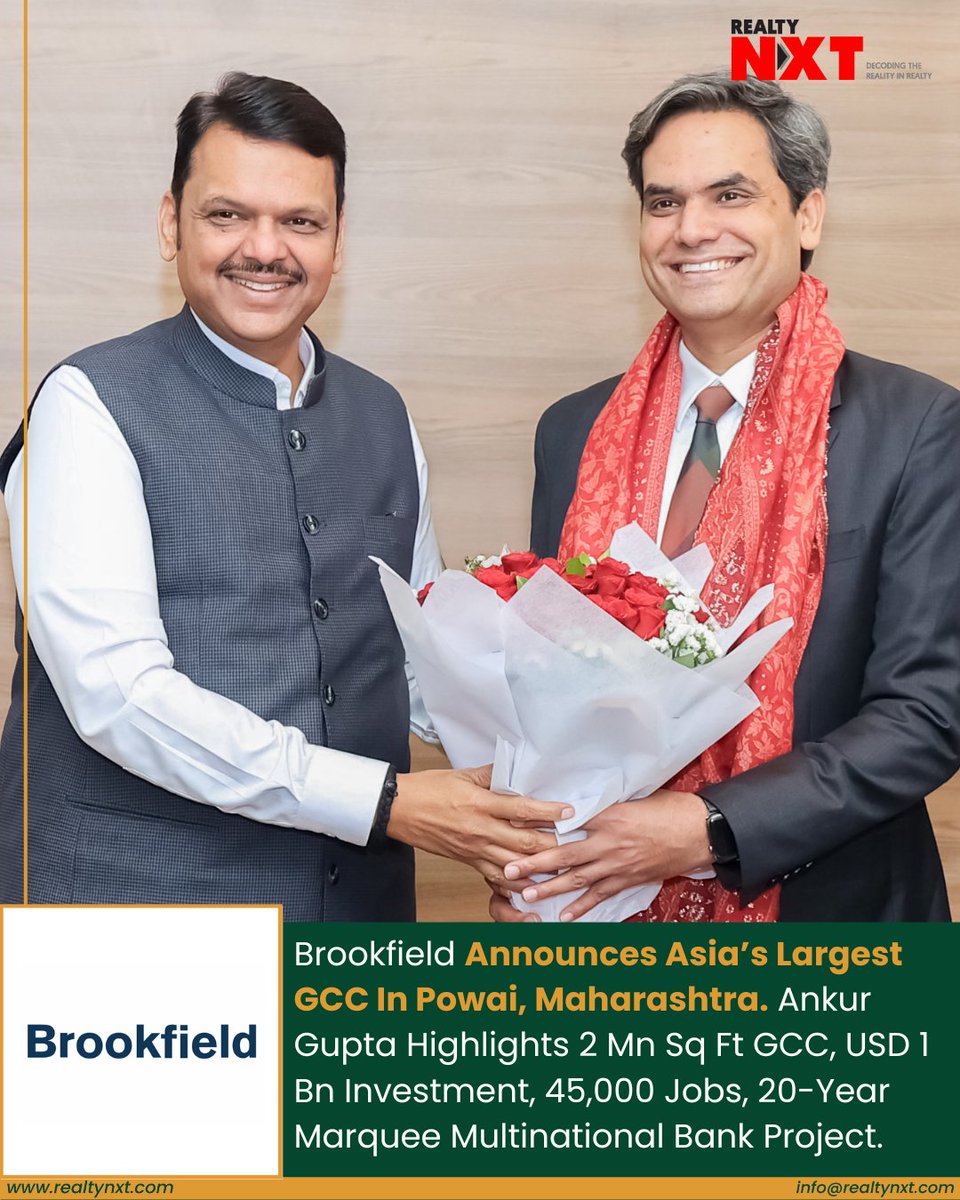RealtyNXT's tweet photo. #News | Ankur Gupta announces @Brookfield USD 1B, 2M sq ft GCC in Powai, Maharashtra, creating 45,000 jobs through a 20-year multinational bank partnership.

#RealtyNXT #FutureOfWork #NextGenWorkspaces #IndiaOnRise #MegaInfraMove #WorkforceWave #UrbanGrowthStory #GlobalWorkHub https://t.co/fNWvpmU7Bx