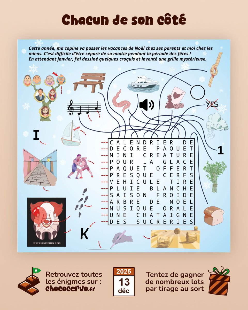 ChocoCervo's tweet photo. 🗓️ 13/12 : « Chacun de son côté » par ViV
Nouvelle énigme du calendrier ChocoCervo 🍫🧠
RDV sur https://t.co/Z0qzVmwtmm pour saisir votre réponse ou obtenir des indices à J+1, J+2 et J+3. ✅⏱️
De nombreux lots à gagner par tirage au sort. 🎁
Bonne résolution ! 💪 https://t.co/1UfbcJqkKr