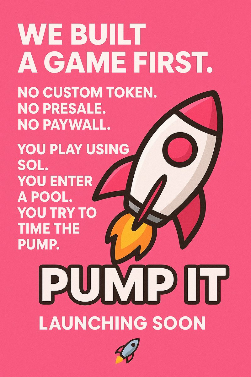 PumpIt7777's tweet photo. We built a game first.

No custom token.
No presale.
No paywall.

You play using SOL.
You enter a pool.
You try to time the pump.

Everyone plays on equal footing.

This is Pump It.
Launching soon 🚀 https://t.co/V87NLK7Eld