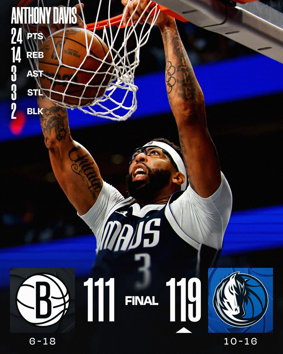 🏀 FRIDAY'S FINAL SCORES 🏀
Anthony Davis leads the way as the @dallasmavs get the win!
Cooper Flagg: 22 PTS, 5 REB, 8 AST
Michael Porter Jr.: 34 PTS, 4 REB, 6 3PM