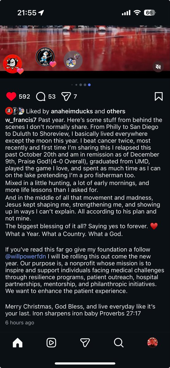 Ducks 2019 draft pick and three-time cancer survivor Will Francis shares that he had a cancer recurrence this past October, but is now in remission as of Dec. 9. What a warrior.

#FlyTogether #LetsGoGulls