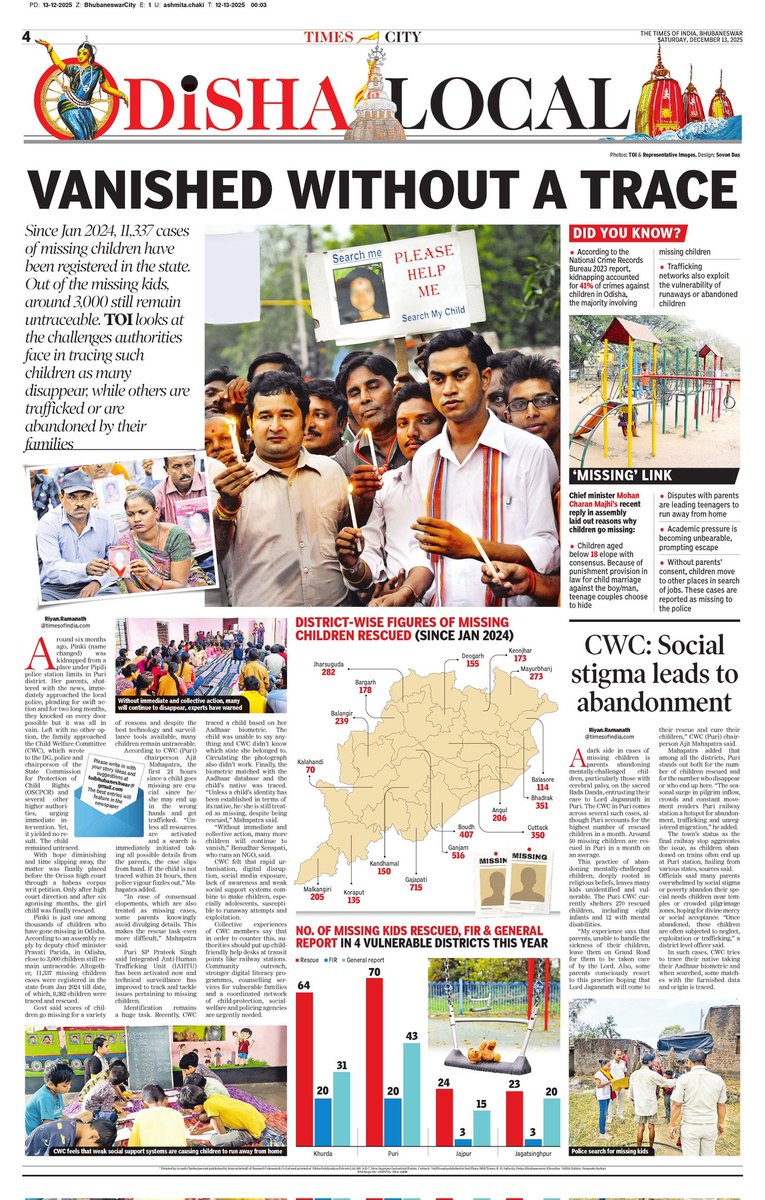 TOIBhubaneswar's tweet photo. VANISHED WITHOUT A TRACE

Since Jan 2024, 11,337 cases of missing children have been registered in Odisha. Of them,  3,000 still remain untraceable. TOI looks at the challenges authorities face in tracing such children as many disappear...

Read full TOI report

#OdishaLocal https://t.co/Xufd951990