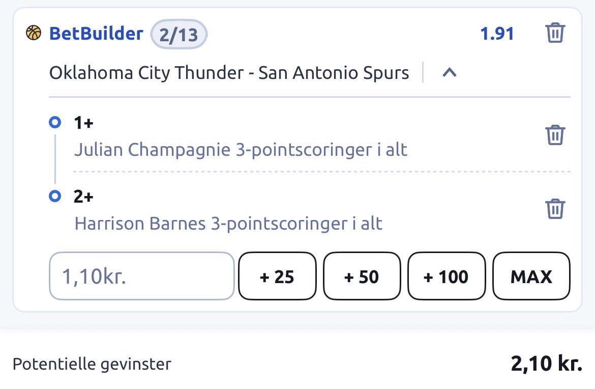 🏀Harrison Barnes 2+ 3's 
Julian Champagnie 1+ 3
📊1.91 (-110) Betano
📅 Spurs @ OKC

👉 The Thunder rank 24th at defending C&amp;S 

👉Barnes is shooting 43.4 % from 3 on 5.7 attempts

👉Champagnie is shooting 38.1 % on 6.1

👉 Wemby back will attract attention inside

#GamblingX ⤵️