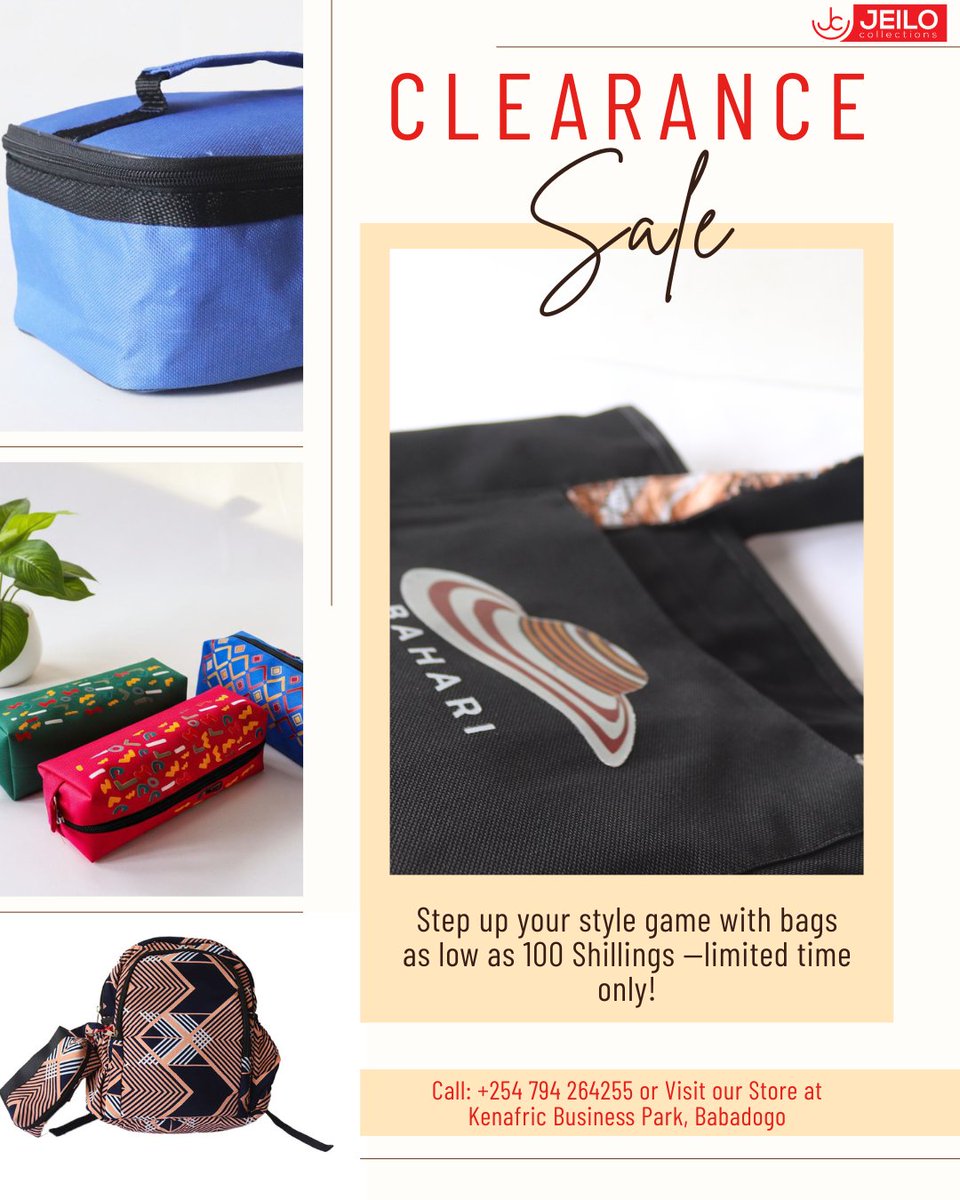 Step up your style game with high-quality bags from JEILO COLLECTIONS for as low as 100 Shillings!

Don't miss out—this is a limited-time offer. Shop now before they’re gone!

📍 Visit our store at Kenafric Business Park, Babádogo. 📞 Call: +254 794 264255

#ClearanceSale #Jeilo