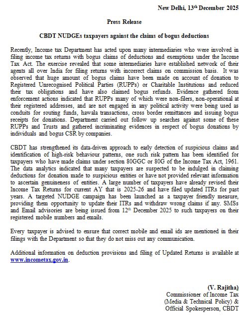 pk_punit12's tweet photo. 🚨 CBDT has cautioned taxpayers about bogus deduction and exemption claims routed as fake donations through suspicious RUPPs, trusts and intermediaries, and has launched a focused NUDGE campaign using SMS and email alerts. #CBDT #incometaxindia https://t.co/TqdObApRYW