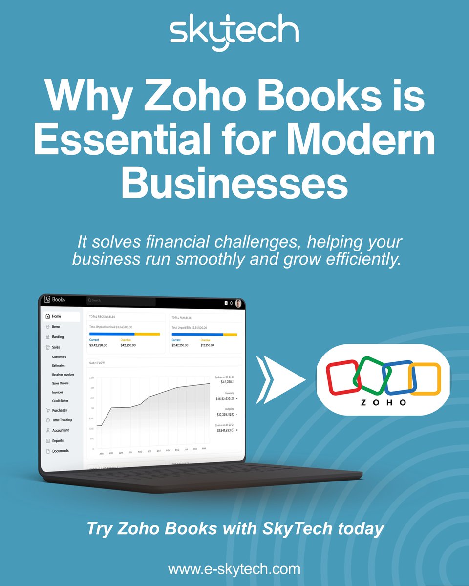 SkyTechconnect's tweet photo. What is Zoho Books? A smart accounting solution that automates invoices, tracks expenses, reconciles bank transactions, and provides real-time insights. 

It saves time, reduces errors, and supports better financial decisions for business growth. 

#ZohoBooks #SmartFinance https://t.co/qUi7lEDKIh
