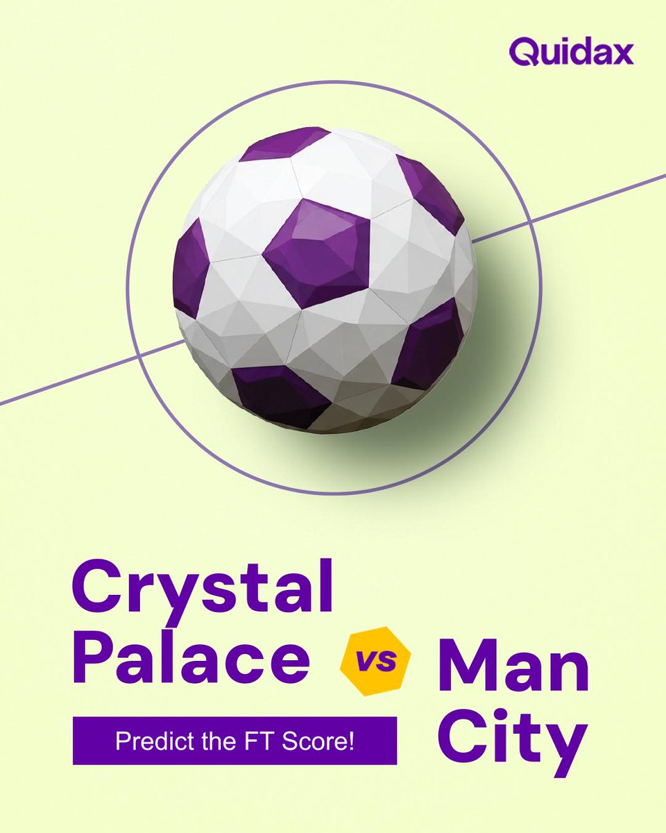 QuidaxGlobal's tweet photo. Predict the full-time score!
Crystal Palace vs Man City ⚽️

2 lucky people go home with ₦10,000 each! 

To qualify:
❤️ + 🔁 
Follow @quidaxglobal
What's your prediction? 👇 

#PremierLeague #ManCity #CrystalPalace #MCCRY https://t.co/6FO7Ry2E7G