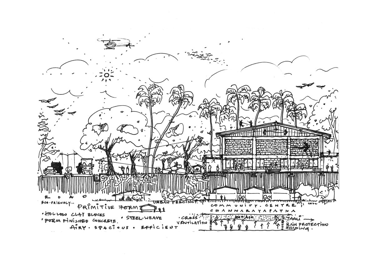 Architizer's tweet image. This community center replaces the typical industrial shed with a modular concrete-and-steel structure where hollow clay block jaalis drive natural ventilation and light. It introduces a climate-smart building language that’s easy to maintain and adapt.

📍Channarayapatna, India…