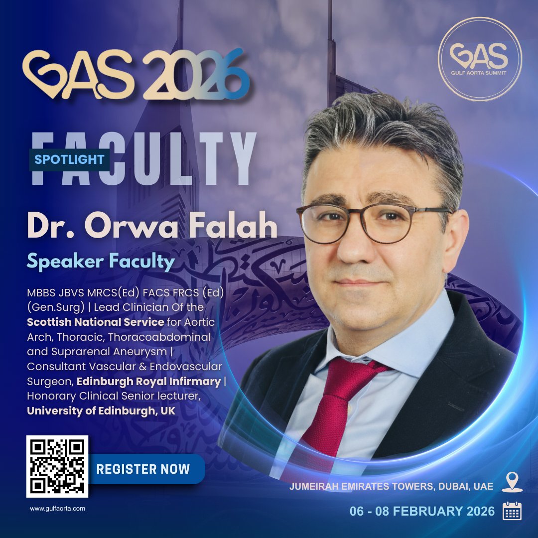GulfAorta's tweet photo. Excited to announce Dr. Orwa Falah, Lead Clinician at the Scottish National Service for Aortic Conditions, will join us at GAS 2026.
His expertise in vascular &amp; endovascular surgery will be a key highlight at the summit!

📅 06–08 February
🔗 https://t.co/d87CXpl4wm

#GAS2026 https://t.co/9Xx7Rqh53A