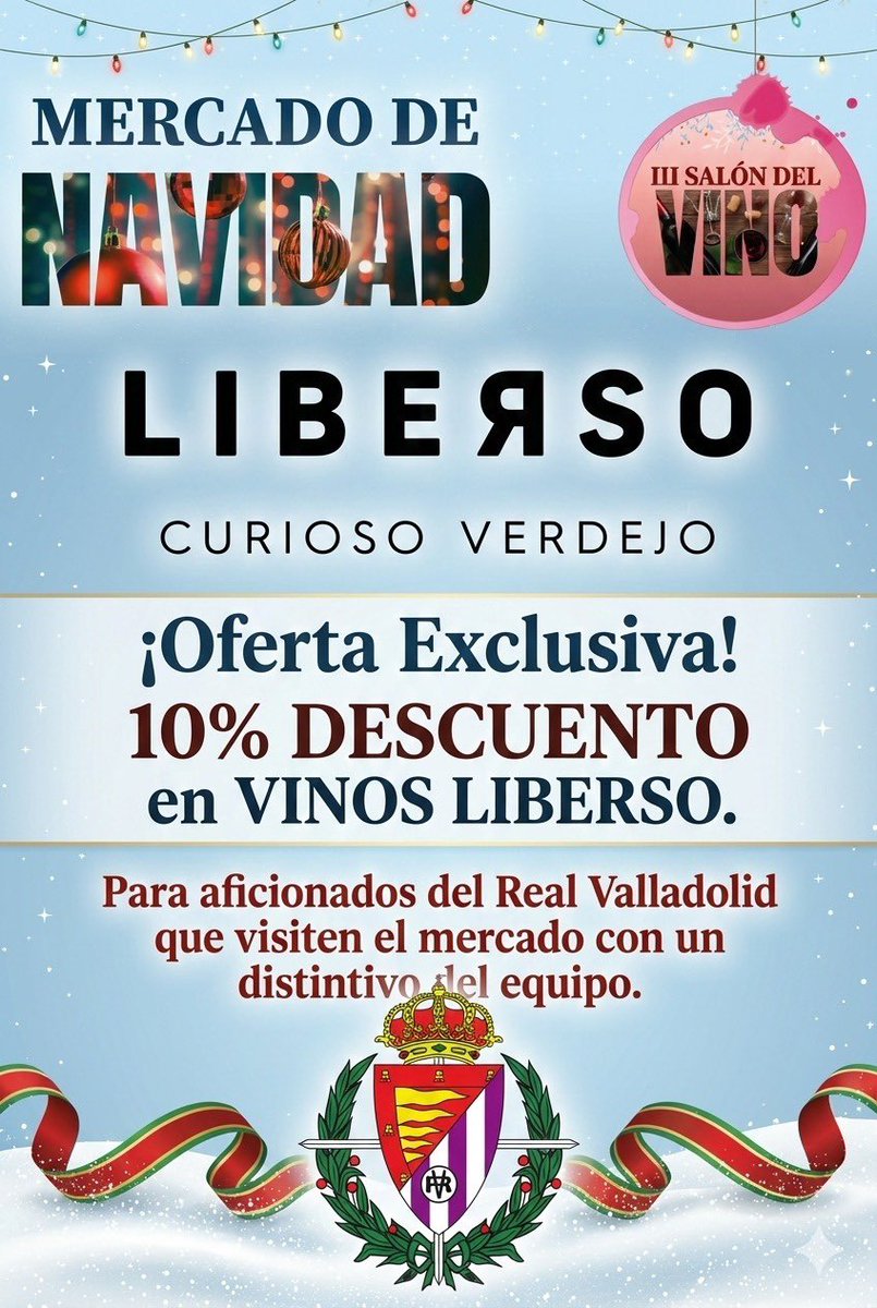 Esta tarde después de la victoria del <a href="/realvalladolid/">Real Valladolid C.F.</a> en #zorrilla si te pasas por el #salóndelvino de <a href="/alimentosVALL/">Alimentos de Valladolid</a> con un distintivo de tu equipo, te hacemos un 10% de descuento en la compra de nuestros vinos
#aupapucela #RealValladolidAndorra