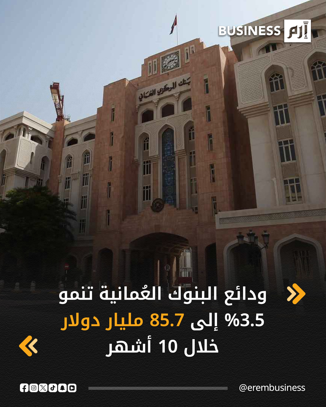 ارتفع إجمالي الودائع لدى البنوك التجارية التقليدية في سلطنة عُمان خلال الأشهر الـ10 الأولى من العام الحالي بنسبة 9% لتصل إلى 33 مليار ريال (حوالي 85.7 مليون دولار)، بحسب أحدث نشرة شهرية صادرة عن البنك المركزي العُماني.. التفاصيل في 
