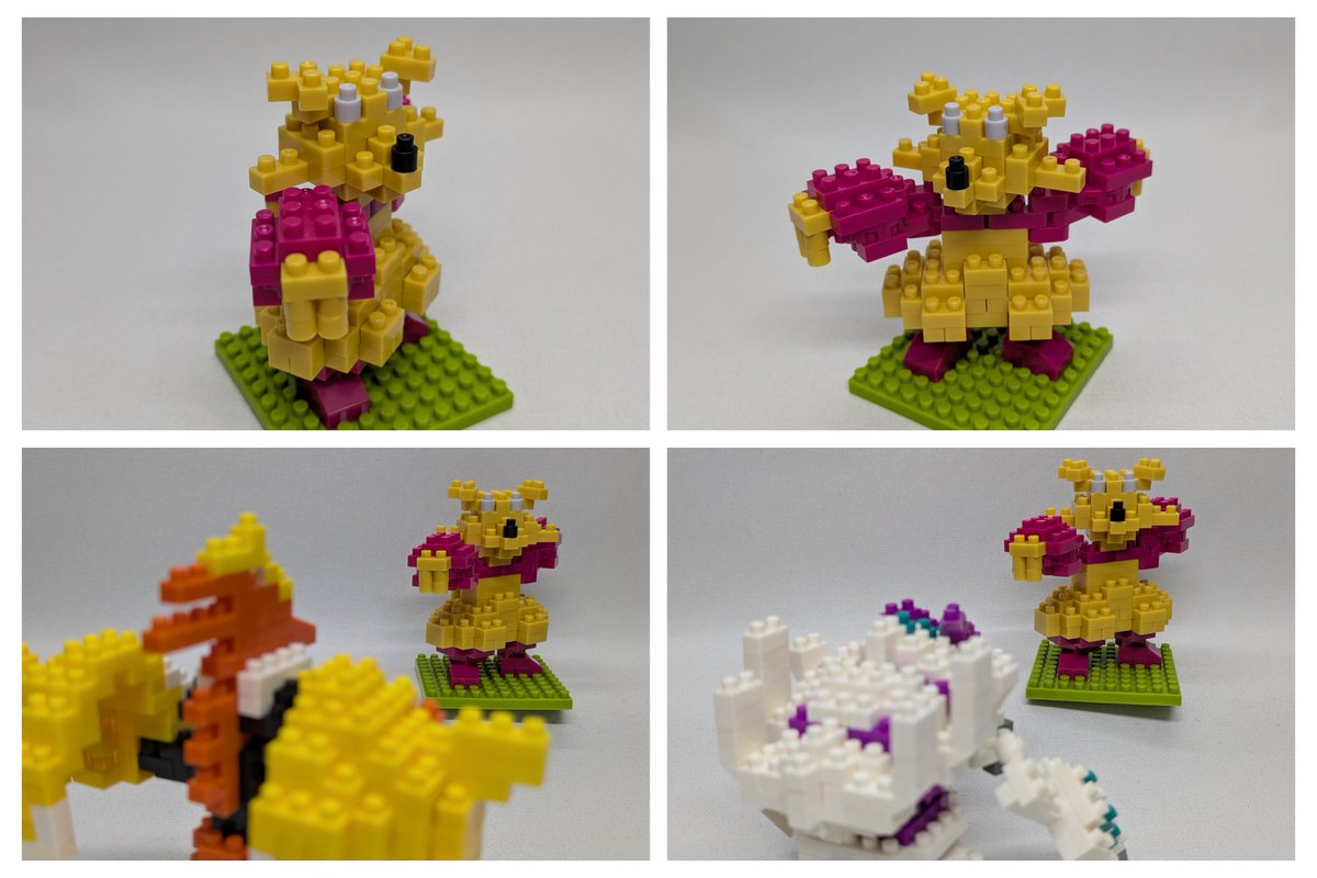 fffffff804's tweet image. #コジョフー
　vs カプ・コケコ
　vs グソクムシャ
パーツの在庫にマゼンダ(?)が溜まってきたので、これはコジョフーだなと思い組立。
黒1x1丸を眼にすると凛々しさがなくなるので眼は諦め…
#ナノブロック
#ポケモン