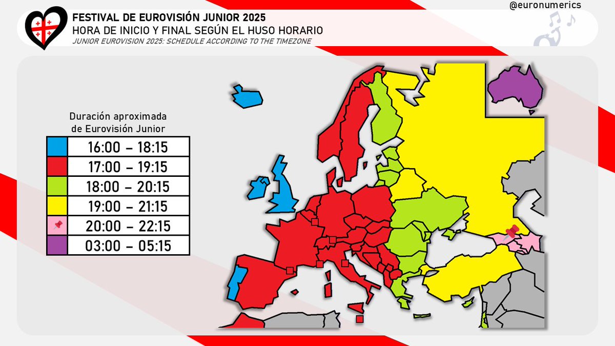 Euronumerics's tweet image. 🕔Hora de inicio de Eurovision Junior 2025 según los husos horarios.
🇪🇸17:00
🇬🇪20:00