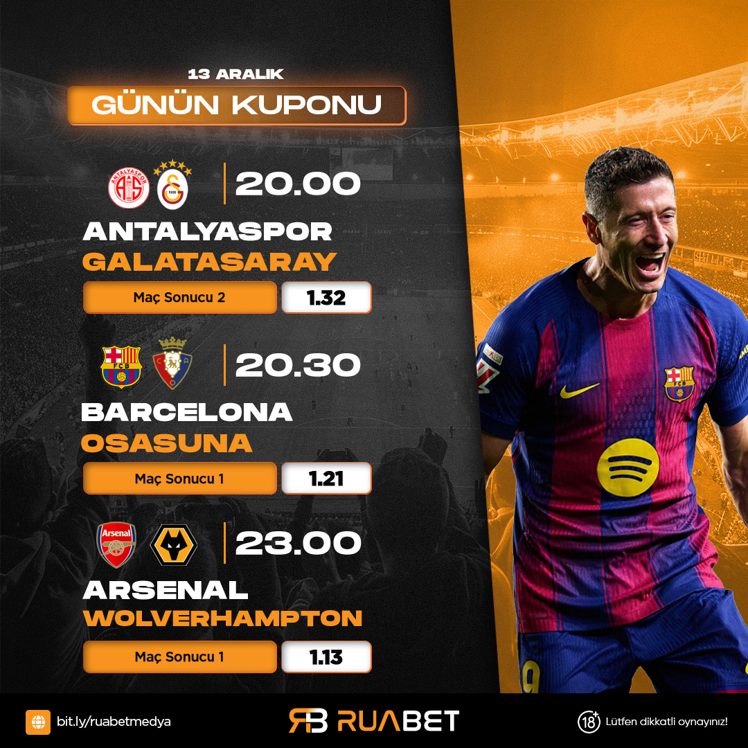 Ruabett's tweet photo. 🗓️ 13 Aralık GÜNÜN KUPONU!

Bugün için yüksek oranlı, garantici tercihlerimiz hazır! 🤩

Antalyaspor - Galatasaray: Maç Sonucu 2 (1.32)

Barcelona - Osasuna: Maç Sonucu 1 (1.21)

Arsenal - Wolverhampton: Maç Sonucu 1 (1.13) https://t.co/dRMeS4KeIG