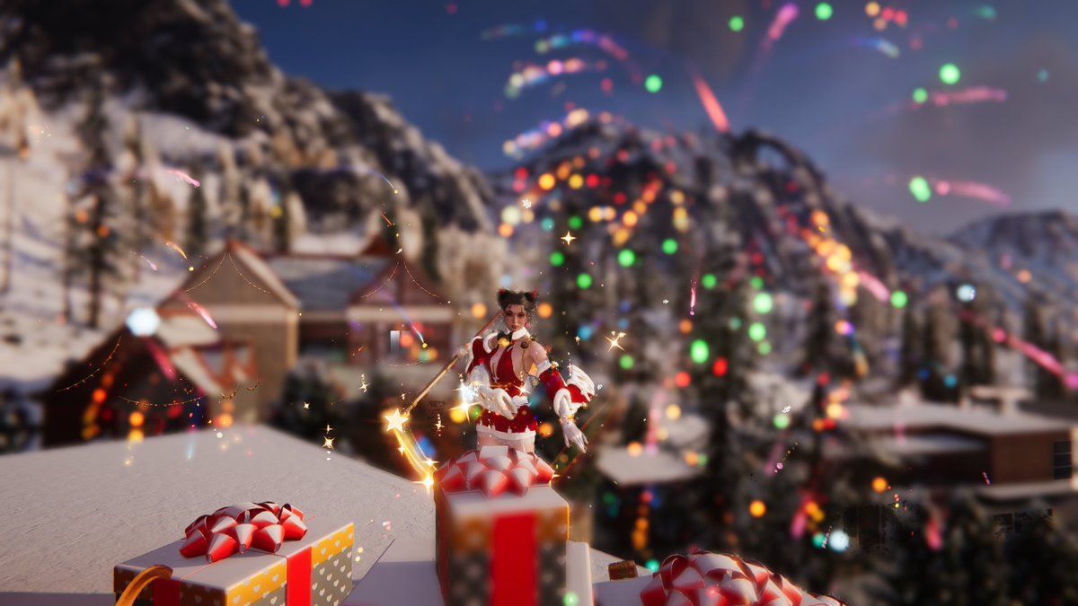 Rhicycled's tweet photo. My character with Christmas cheer and wonder~~ 🎄🎄honestly love everything about this outfit down to the little fireworks! @OnceHuman_  #OnceHuman  #christmasgaming #holidaycheer https://t.co/zPtCX9hfbT