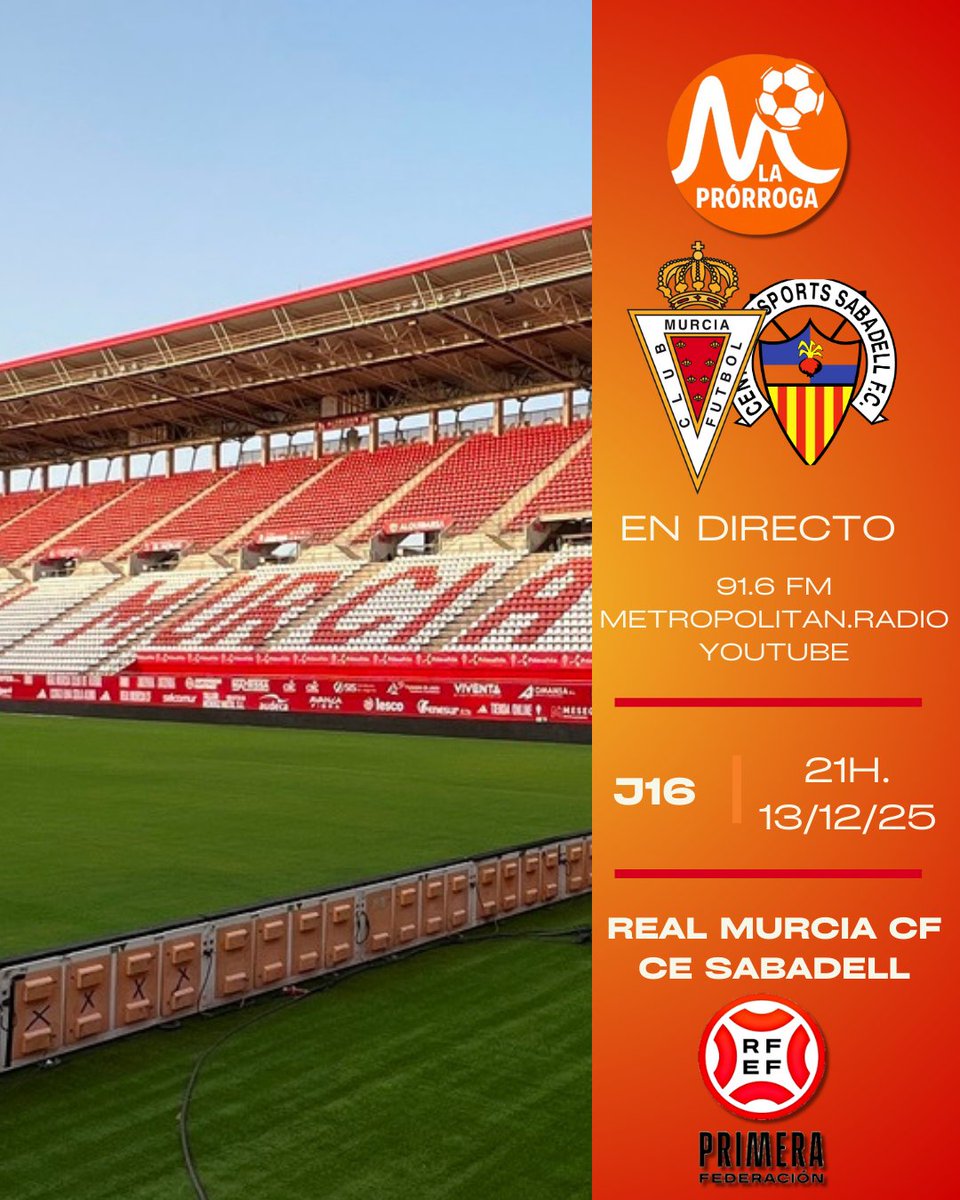 EN DIRECTO 🚨

‼️Vive íntegramente con todo detalles, y en directo, el #RealMurciaSabadell.

🔜 A partir de las 20.30 estaremos con la previa del encuentro.

📻 91.6 FM
▶️ YouTube
💻 Metropolitan.radio
