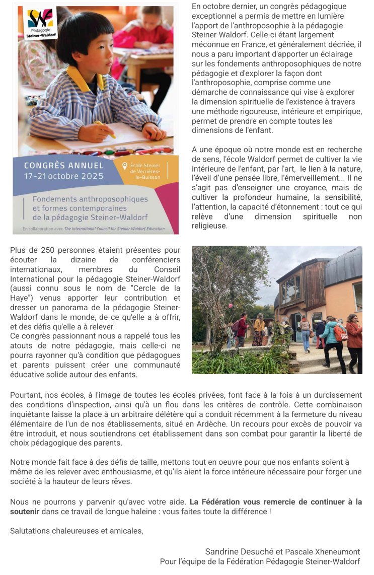 Une campagne de communication des écoles Steiner-Waldorf est en cours pour tenter de faire croire à l'opinion publique et aux autres pédagogies alternatives que les contrôles et fermetures qu'elles subissent seraient l'œuvre d'une atteinte étatique à la liberté d'enseignement. 👇