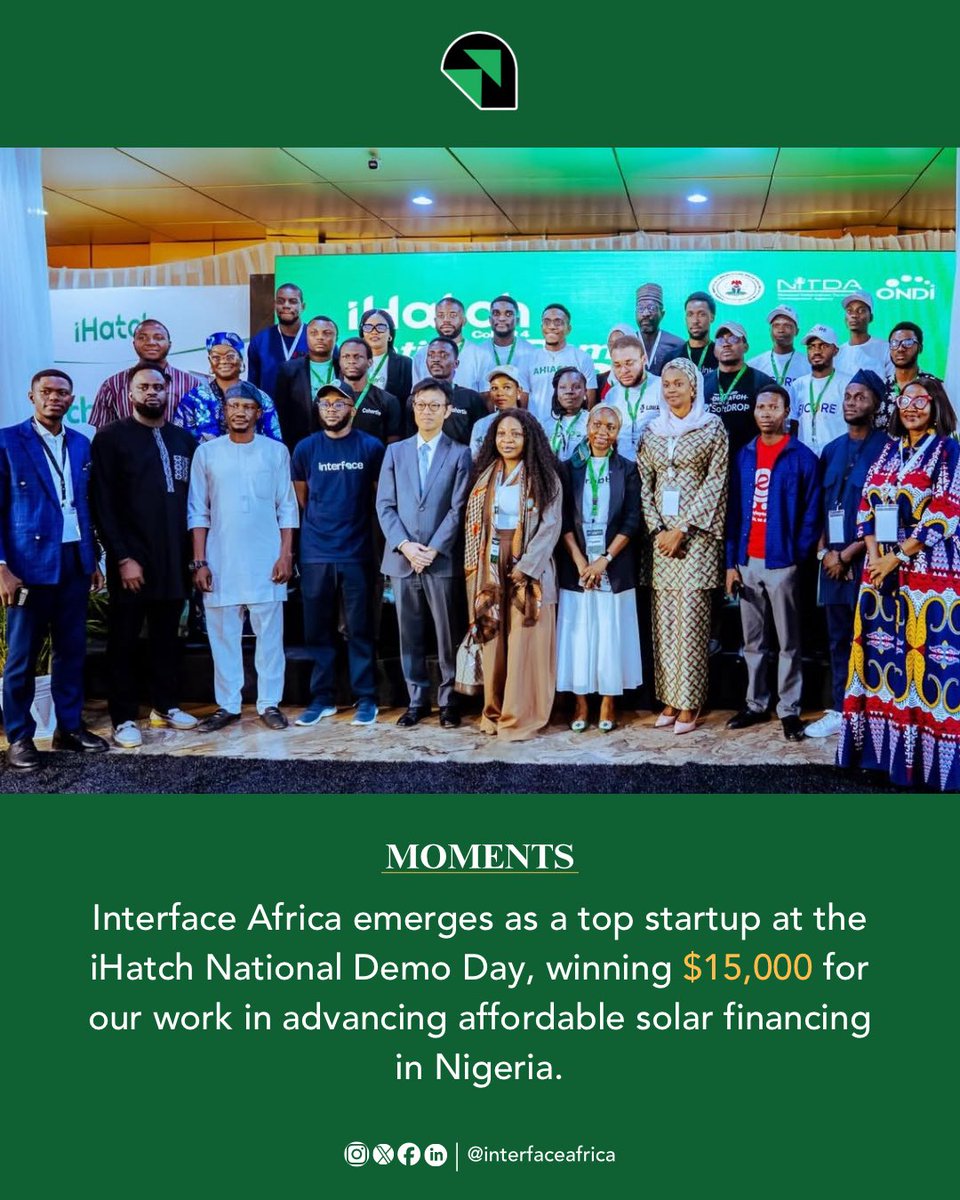 Proud moment for Interface Africa ✨

We emerged as a top startup at the iHatch National Demo Day, winning $15,000 for our work in advancing affordable solar financing across Nigeria 🇳🇬☀️

Grateful to <a href="/NITDANigeria/">NITDA Nigeria</a> &amp; JICA for supporting innovation that drives real impact.