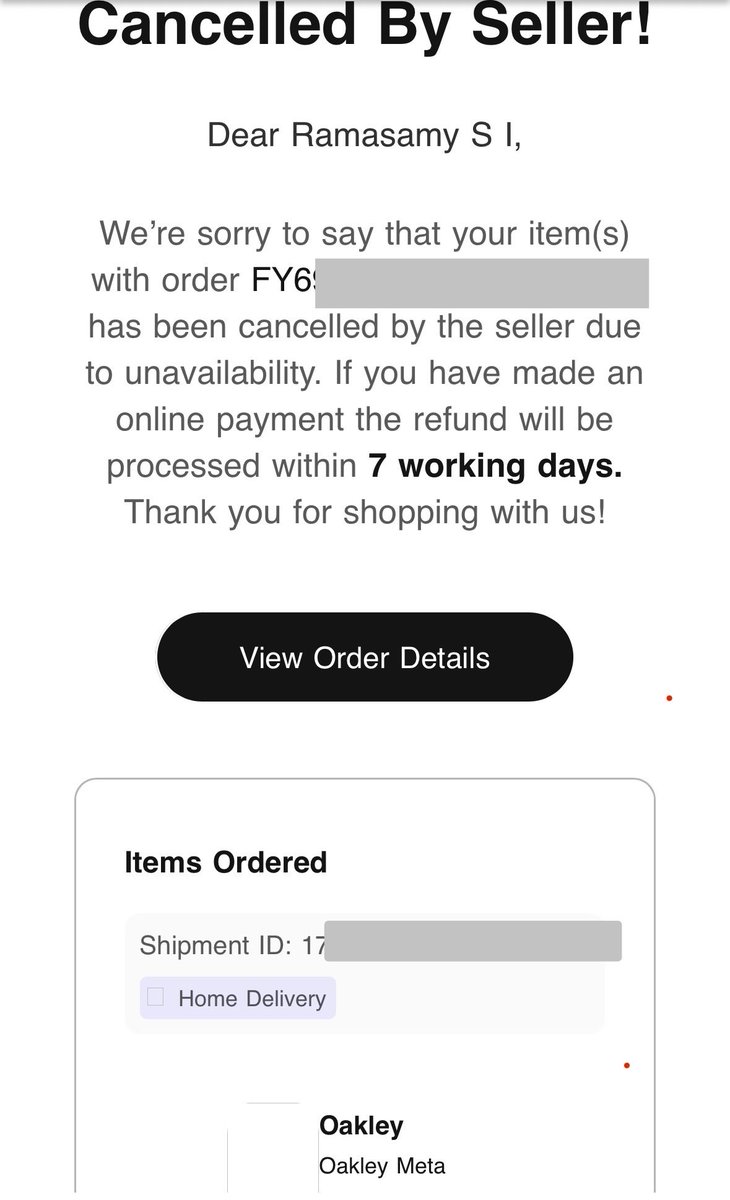 vivekramcfc's tweet photo. Horrible experience with @sunglasshut India. I pre booked the @oakley @Meta smart glasses after Meta India’s official launch announcement mentioned Sunglass Hut for pre booking. I had to pay the full amount of ₹47.6k. They have cancelled the order now citing unavailability. https://t.co/e4AyNMiaqs