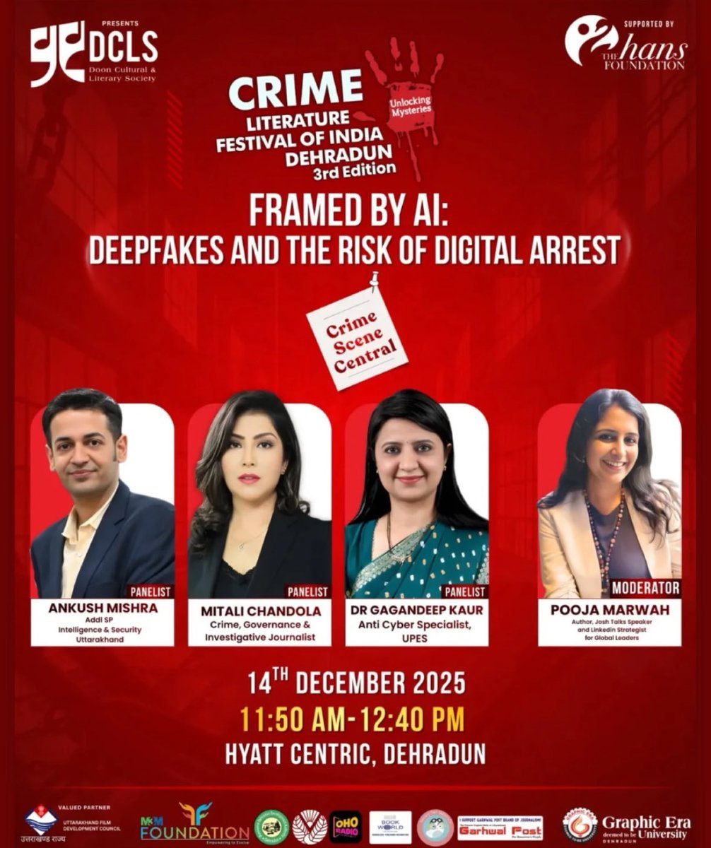 journomitalli1's tweet image. When faces can be fabricated,
voices cloned,
and fear weaponised — justice itself can be hacked.

At the @crimeliterature Festival of India, #Dehradun, we confront a chilling truth:
Framed by AI — #Deepfakes &amp;amp; the Risk of #DigitalArrest.

I’ll be there in Dehradun.

Meet me,