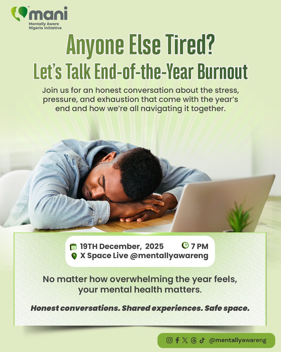 MentallyAwareNG's tweet photo. Maybe you didn’t break down. Maybe you didn’t cry.
But the exhaustion still sits heavy.
Let’s talk about the burnout that hides behind “I’m fine.” Let’s have that freeing conversation on the 19th of December 2025 at 7:00 pm WAT
#mentalhealth
#MANIXspace https://t.co/Opw2pYwuwI