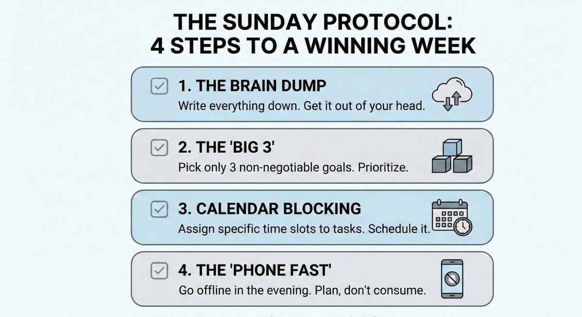 If you wait until Monday to plan, you are already behind.

I treat my life like a project. Sunday is not just for resting; it is for Sprint Planning.

Here is the "Sunday Protocol" that saves me 10+ hours a week:

->The Brain Dump: Write down every open tab in your brain