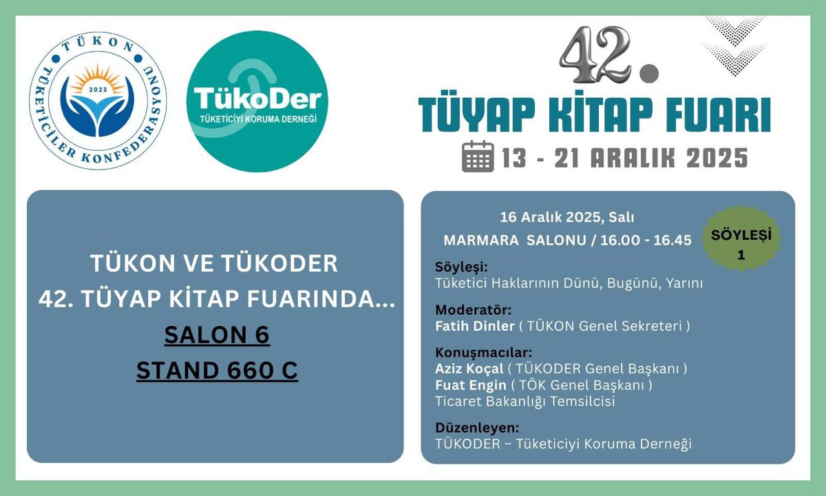 satyagrha's tweet photo. 42.TÜYAP KİTAP FUARINDA TÜKON ve TÜKODER in hazırladığı ve modertaörlüğünü yapacağım “Tüketici Haklarının dünü, bugünü, yarını” isimli söyleşi 16 Aralık Salı günü düzenlenecektir. #tükoder #tükon https://t.co/6hEcCHvB3q